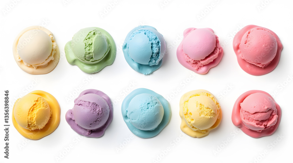 Obraz premium Collection ice cream scoops in various colors and flavors on white background