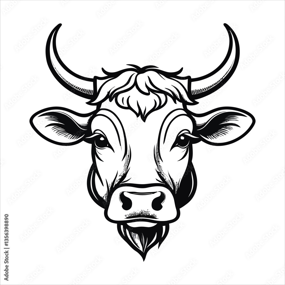 Realistic Bull Head Black and White Line Art Illustration with Sharp Horns Realistic Bull Head Black and White Line Art Illustration with Sharp Horns