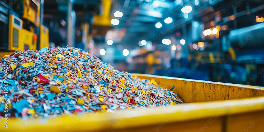 custom made wallpaper toronto digitalPile of colorful shredded paper in yellow container, industrial setting blurred background, symbolizing recycling, waste management, or paper production