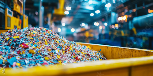 Wallpaper Mural Pile of colorful shredded paper in yellow container, industrial setting blurred background, symbolizing recycling, waste management, or paper production Torontodigital.ca