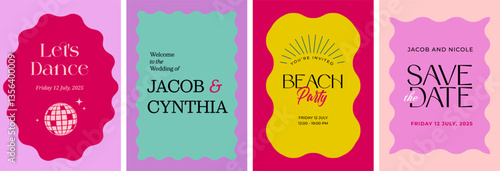 Colorful retro Save the Date and party invitation templates with wavy scalloped frames