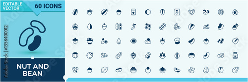 Nut And Bean vector line icon set. Containing protein, peanut, seed, walnut, nuts, coffee, chestnut and more. Collection of simple web icons. Beans icon pack. Outline and solid pictogram.
