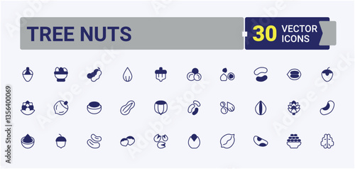 Tree Nuts related icon. Nut And Bean related icon. Walnut line icons with editable stroke. Minimalist icons collection. Solid line editable stroke. Pixel Perfect.