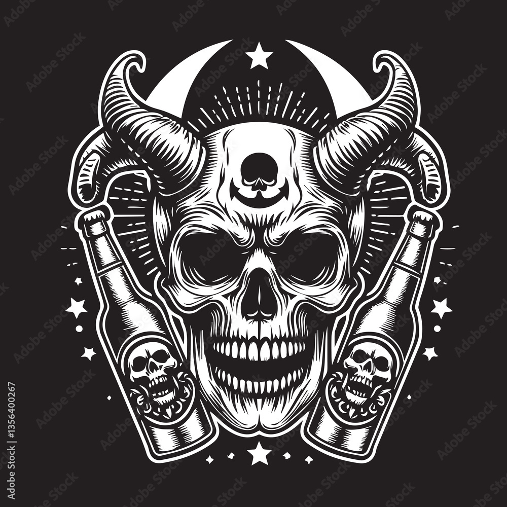 Fototapeta premium Skull Head with Beer Bootle Svg Vector