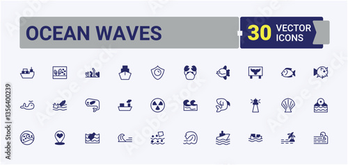 Ocean Waves related icon set. Containing nautical, swimming, water, vacation, beach, wave and more. Ocean related icon set. Outline symbol collection. Vector line and solid icons.
