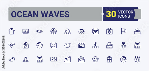 Ocean Waves related icon set. Containing nautical, swimming, water, vacation, beach, wave and more. Ocean related icon set. Outline symbol collection. Vector line and solid icons.