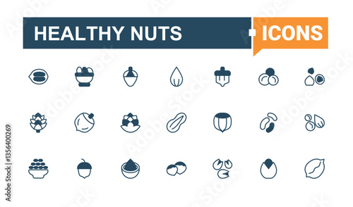 Healthy Nuts vector line icon set. Containing nuts, healthy, seed, bean, coffee, peanut and more. Nut And Bean simple icon. Minimal thin line web icons set. Editable vector. Pixel perfect.
