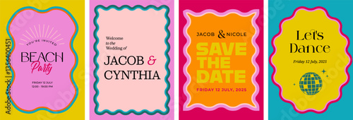 Colorful retro Save the Date and party invitation templates with wavy scalloped frames