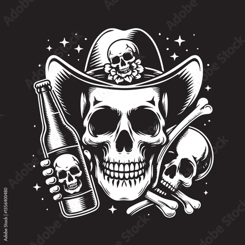 Skull Head with Beer Bootle Svg Vector