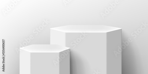 Podium in 3D style. Stand display cosmetic product. Three white display in realistic luxury style. Empty space for placing text and products. Vector illustration.
