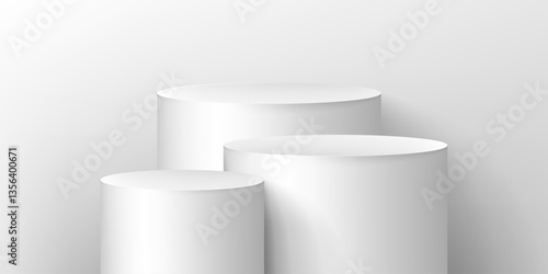 Podium in 3D style. Stand display cosmetic product. Three white display in realistic luxury style. Empty space for placing text and products. Vector illustration.
