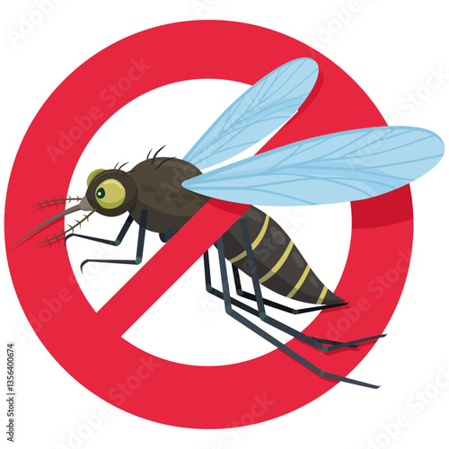 Mosquito in flight seen from the side in cartoon style with the red crossed out circular prohibition symbol (cut out)