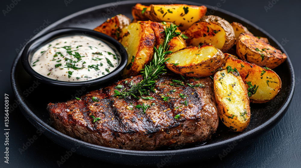 Sizzling steak served with crispy potato wedges and creamy sauce, delightful meal experience Sizzling steak served with crispy potato wedges and creamy sauce, delightful meal experience