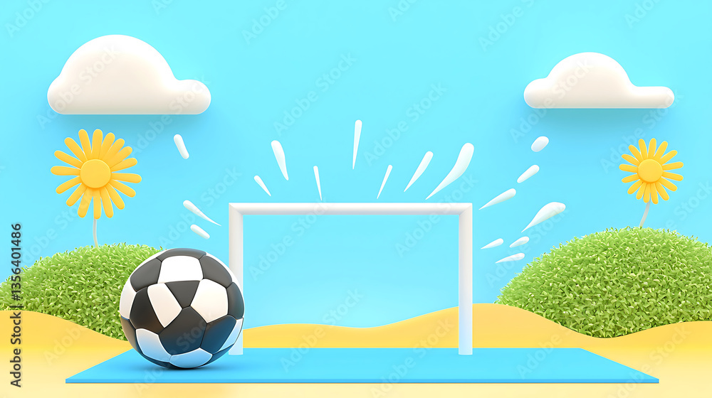 Fototapeta premium vibrant summer scene featuring soccer ball near goal, surrounded by playful clouds and cheerful flowers, evokes sense of fun