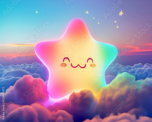 glowing kawaii rainbow star character above the clouds
