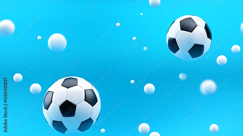 Fototapeta premium Soccer balls floating in vibrant blue background with white bubbles create playful and energetic atmosphere