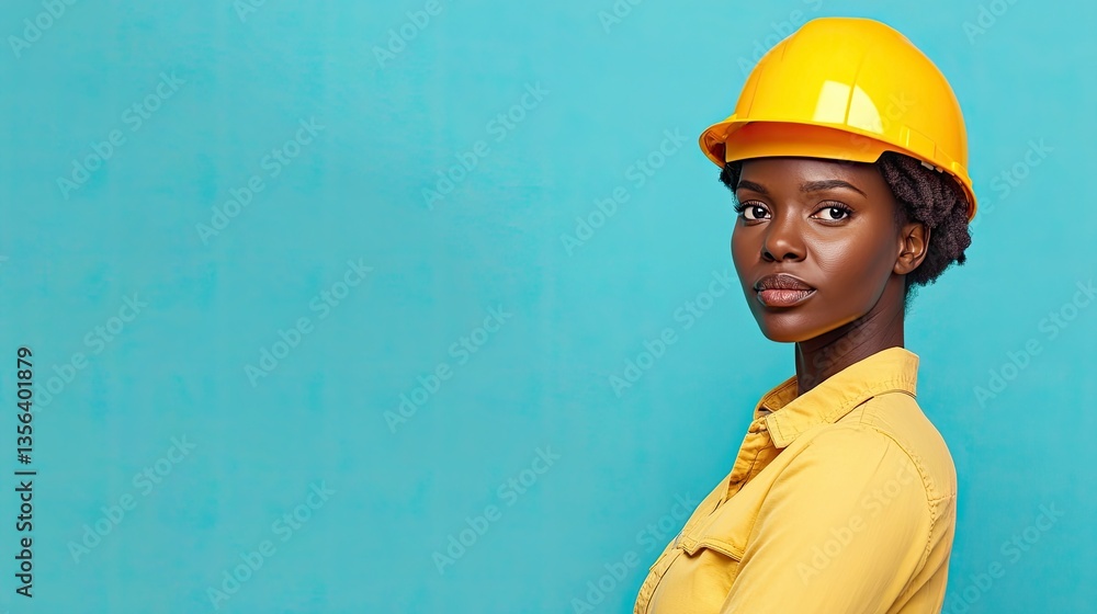 Female engineer in yellow helmet with serious expression Female engineer in yellow helmet with serious expression