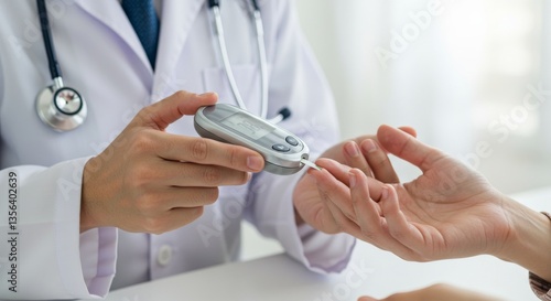 A doctor measuring blood glucose levels of a patient carefully