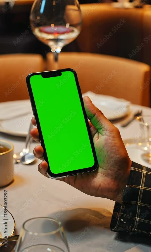 Hand Holding a Smartphone with Vertical Green Screen in a Busy Restaurant Setting, Surrounded by Food and People, Perfect for Dining Mockups, Branding, and Digital Compositing Hand Holding a Smartphone with Vertical Green Screen in a Busy Restaurant Setting, Surrounded by Food and People, Perfect for Dining Mockups, Branding, and Digital Compositing