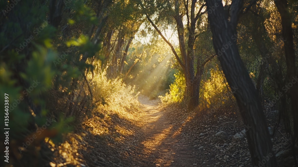Naklejka premium Sunlight streaming through trees on a forest trail during golden hour