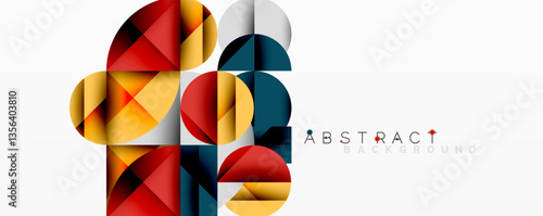 Abstract geometric artwork with overlapping circles and gradients, circle square triangle shapes background featuring sharp angular cuts, smooth shading, and structured layered composition