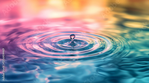 A close-up of a water droplet creating ripples on a colorful surface.