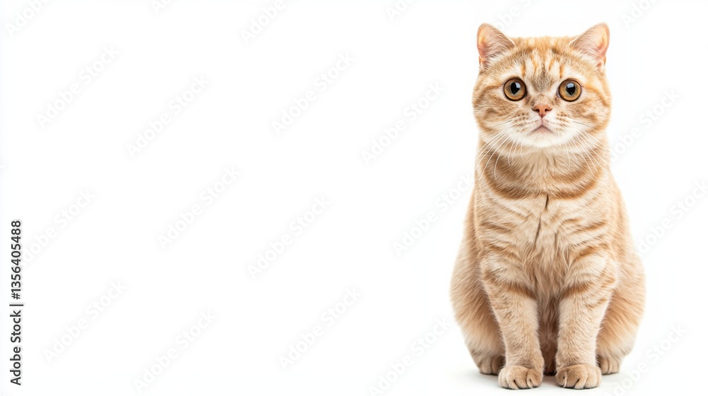 Obraz premium Scottish Fold cat is sitting on a white background. Looking forward. The cat's eyes are wide open, giving it a curious and alert appearance . Copy space .