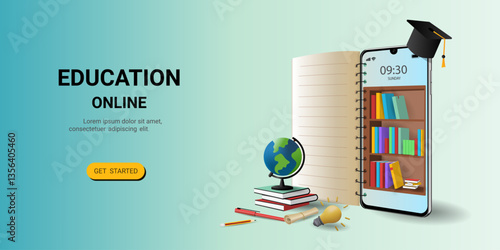 Online education on website and mobile application with book smartphone electronic library. Online training courses. Digital Library. Concept for web, graphic design, Landing page template. vector
