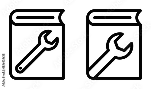 Wrench on repair manual book icon set. Editable stroke.