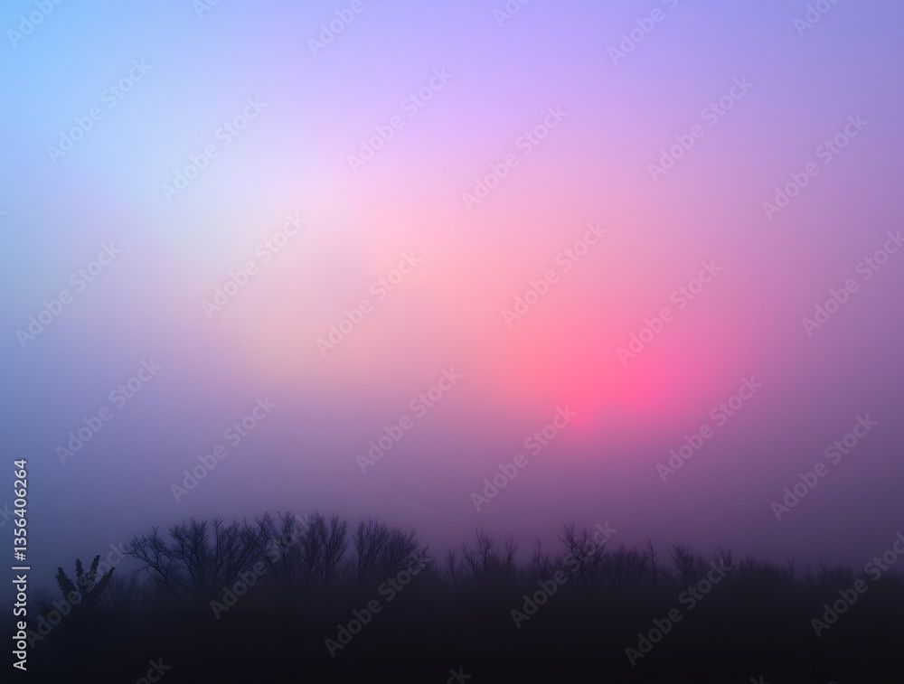 Fototapeta premium Ethereal sunrise casting soft hues over a foggy landscape with silhouetted trees in the foreground