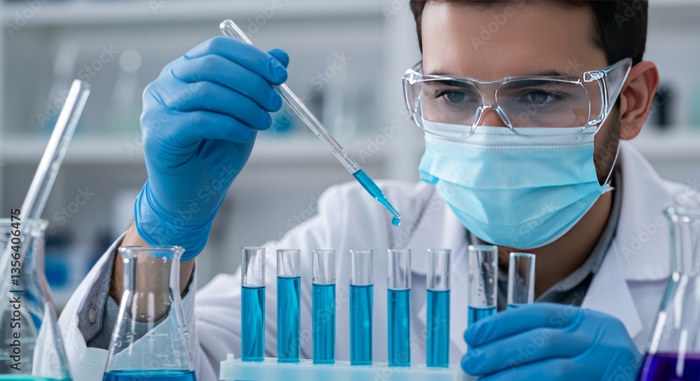 A Scientist Carefully Dispenses Liquid From a Pipette Into Test Tubes A Scientist Carefully Dispenses Liquid From a Pipette Into Test Tubes