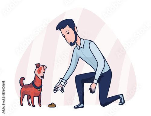 Cleaning after dog. Pet owner picking up pet waste during walk in public park. Animal responsibility of trash clean rules concept. Linear vector illustration