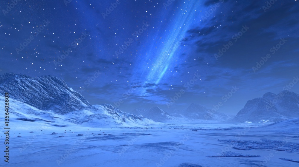 Fototapeta premium Winter expanse under celestial illumination, snowy peaks meet nightsky