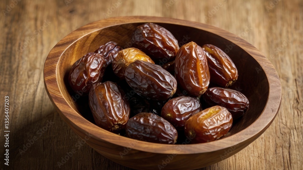 A Wooden Bowl Filled with Dates on a Wooden Surface A Wooden Bowl Filled with Dates on a Wooden Surface