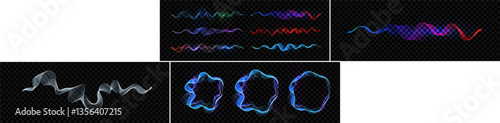 Sound waves set, glowing equalizer lines, light electric pulses with neon glow. Audio frequency energy, lightning impulse. Digital signal for tech, EDM, and futuristic design. Vector illustration