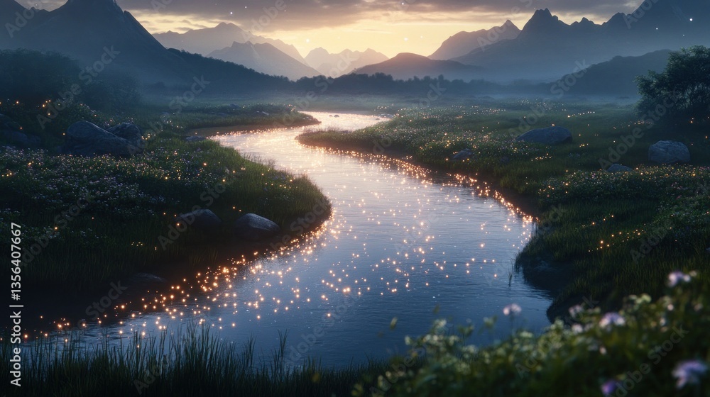 Obraz premium Serene river landscape at dusk with magical ethereal shimmering lights