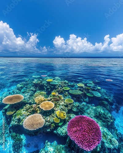 Fototapeta Naklejka Na Ścianę i Meble -  Vivid coral reef garden under a serene ocean surface reflecting a clear blue sky with fluffy clouds underwater paradise