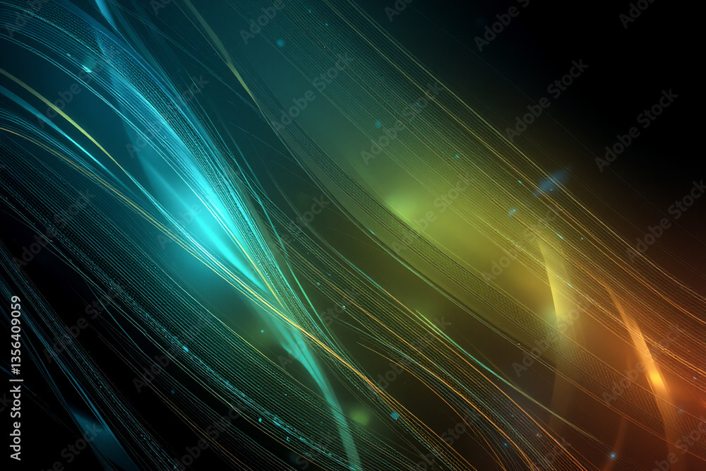 Abstract flowing lines of blue, green, yellow, orange hues on dark backdrop. Glow effect and wavy lines create dynamic feel. Abstract flowing lines of blue, green, yellow, orange hues on dark backdrop. Glow effect and wavy lines create dynamic feel.