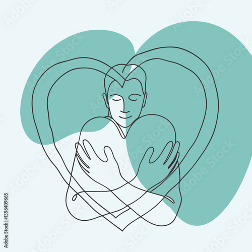 Person embracing own heart in a minimalist style with soft colors  