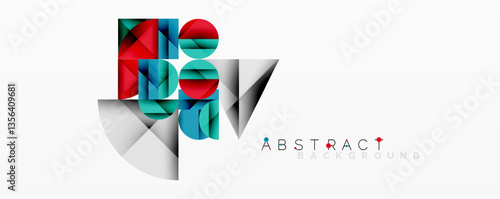 Modern abstract composition with layered circles and angular segments featuring gradients, transparency effects, and a structured geometric layout