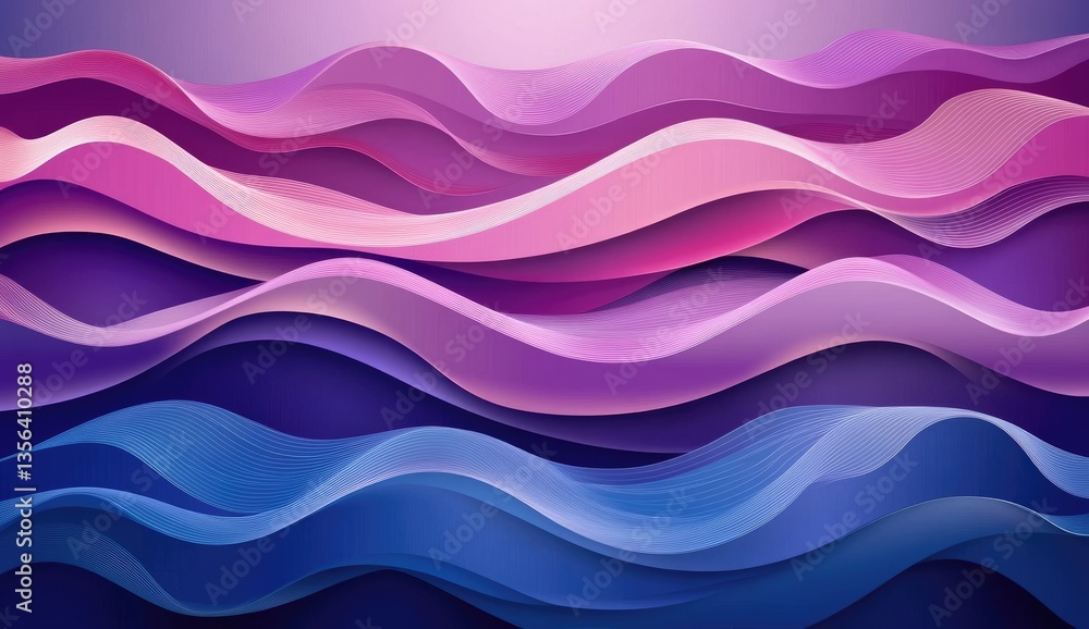 Abstract wavy layers of vibrant colors. Soft, fluid, and dynamic shapes in shades of purple and blue create a mesmerizing visual effect Abstract wavy layers of vibrant colors. Soft, fluid, and dynamic shapes in shades of purple and blue create a mesmerizing visual effect