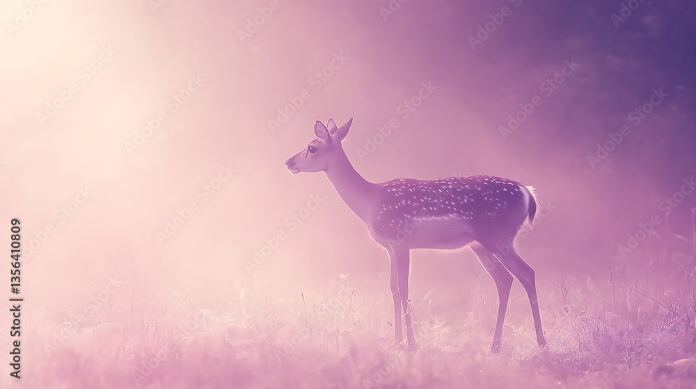 Obraz premium Young deer in misty sunrise.