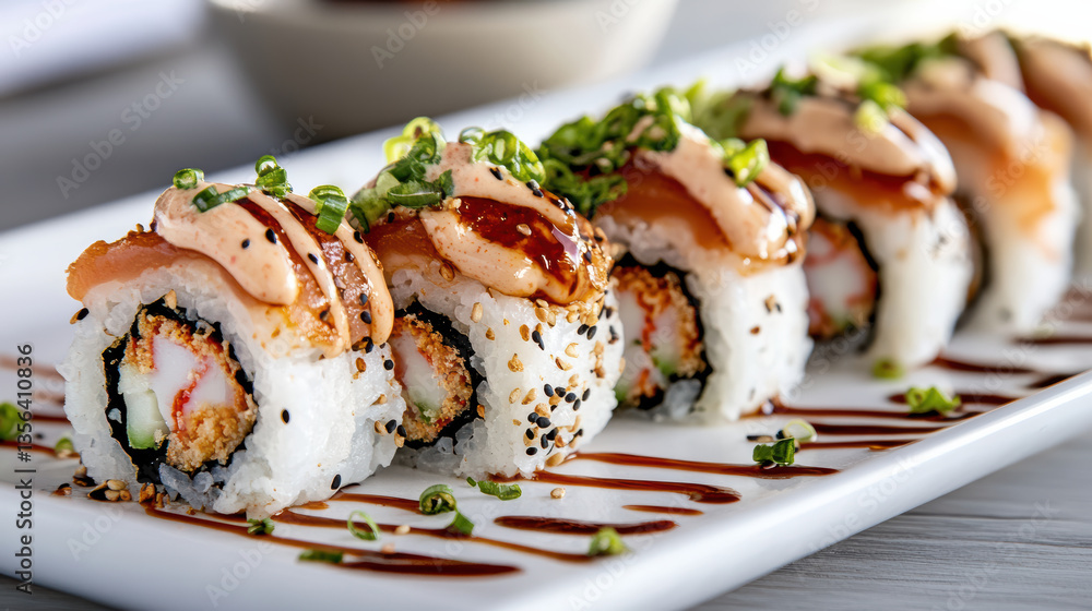 Delicious sushi rolls topped with spicy sauce and garnished with green onions Delicious sushi rolls topped with spicy sauce and garnished with green onions