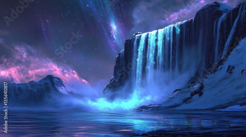 Wallpaper Mural Mystical waterfall cascading under the ethereal glow of a cosmic aurora Torontodigital.ca