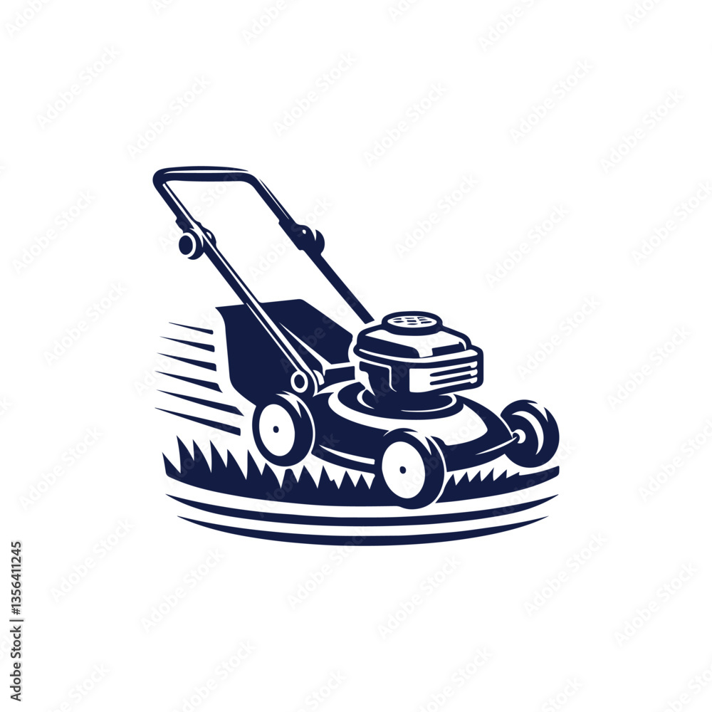 Fototapeta premium Lawn mower logo on white background. Logo featuring a man mowing the grass for brand. Suitable for landscaping, gardening, outdoor services, lawn care businesses.