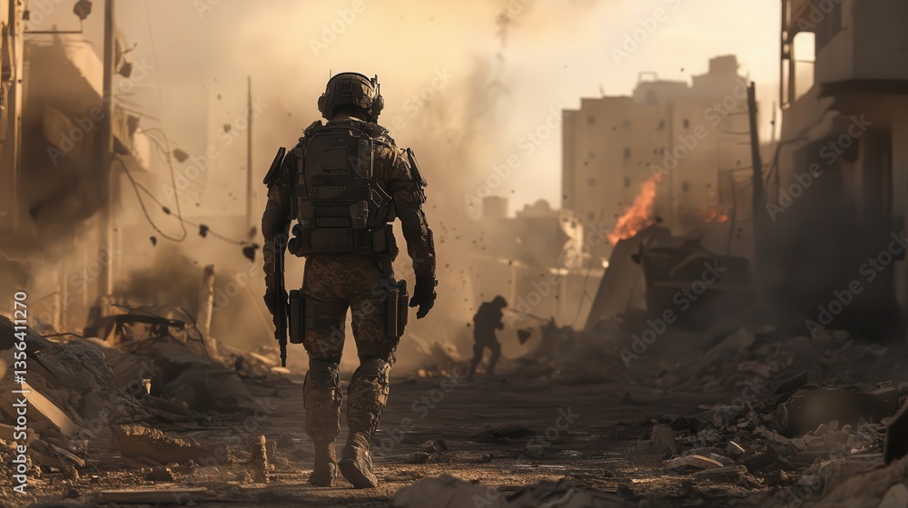 A soldier walks through a war torn devastated urban environment A soldier walks through a war torn devastated urban environment