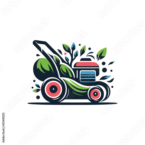 Lawn mower logo on white background. Logo featuring a man mowing the grass for brand. Suitable for landscaping, gardening, outdoor services, lawn care businesses. vintage line art Lawn mower logo