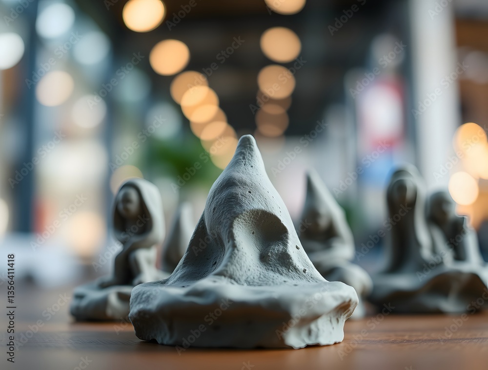 Obraz premium Sculptures of abstract figures made from clay on a wooden table with blurred background lights