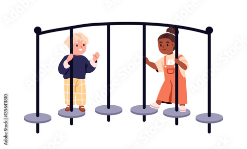 Children playing on suspended playground pebble bridge, stepping, balancing, walking. Kids on climbing equipment, amusement, entertainment. Flat vector illustration isolated on white background