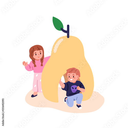 Children playing hide and seek at playground. Happy toddler, boy and girl at pear-shaped shelter. Kids fun, outdoor amusement, entertainment. Flat vector illustration isolated on white background